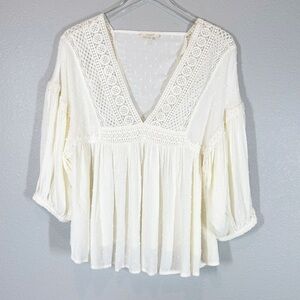 ODDY Women's Medium Ivory Lace Blouse with Square Neckline Peasant Style